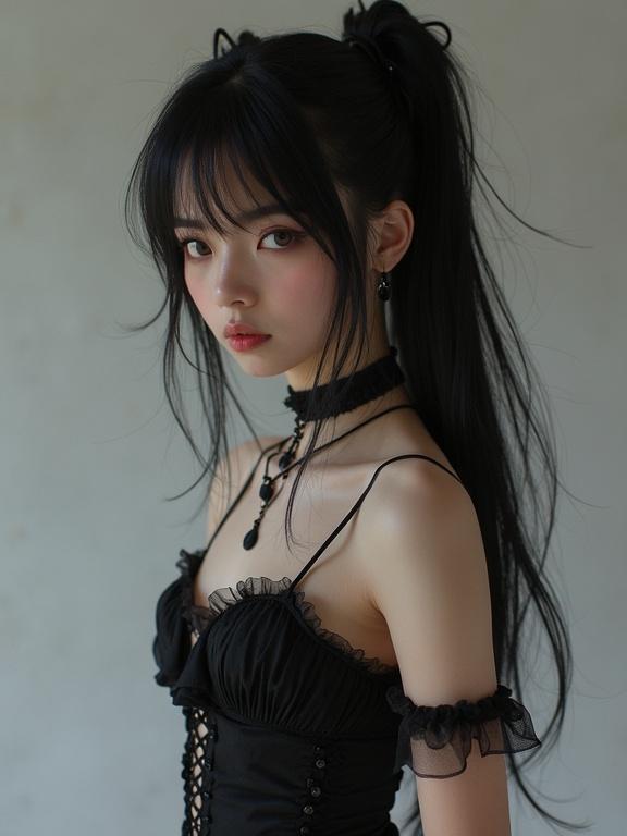 A model in a cute black Lolita dress with layered details. Long black hair styled in two ponytails. Standing side profile view emphasizing facial features and outfit.