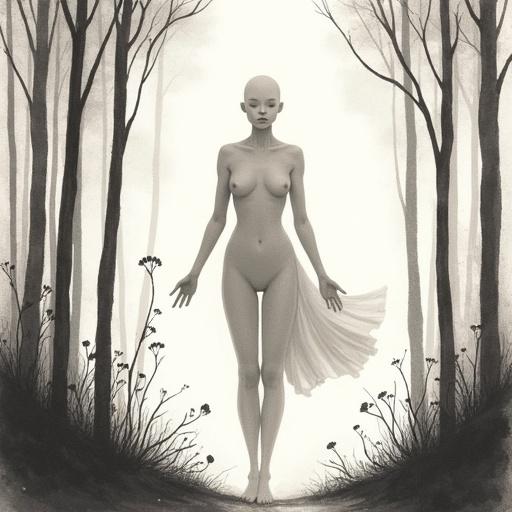 Bald human silhouette with white color fill in a forest. Floating with flowy body movement. Monochrome minimalist sketch with delicate ink lines on textured paper. Serene mood inspired by traditional Asian brushwork.