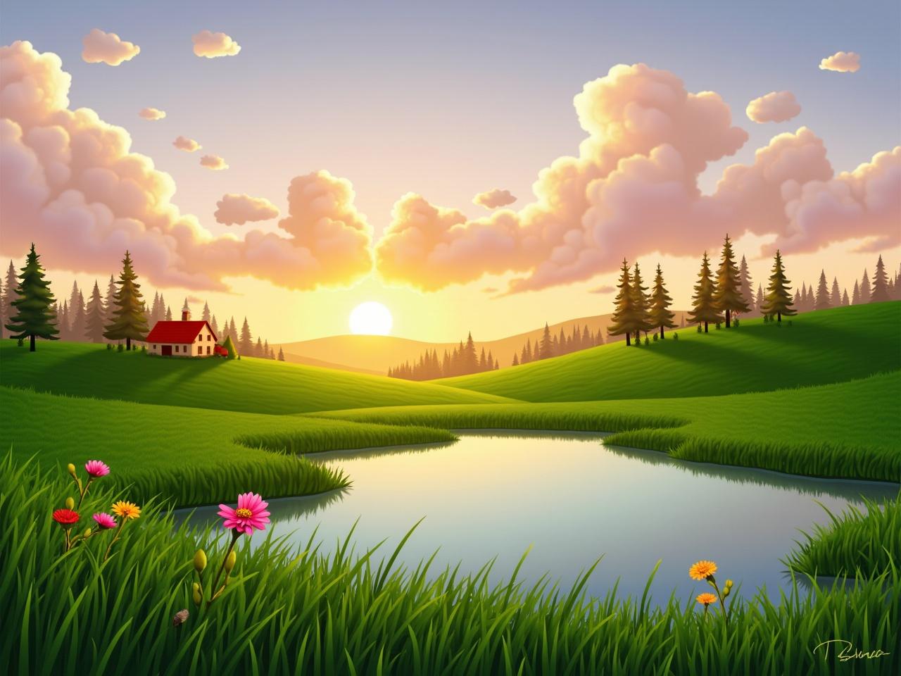 A serene landscape scene in a lush green countryside during the golden hour. The sun is setting, casting a warm glow over rolling hills and a small, tranquil pond in the foreground. Fluffy white clouds are painted in shades of pink and orange as they drift lazily across the sky. A couple of wildflowers in vibrant colors are swaying gently in the breeze near the water's edge. In the distance, a quaint farmhouse with a red roof can be seen nestled among tall trees, adding to the charm of the peaceful setting.