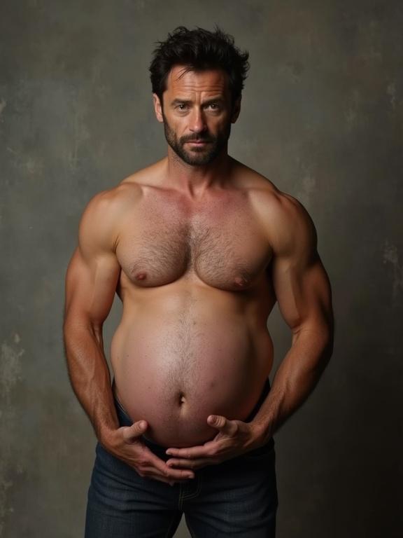 A muscular man poses confidently with a pronounced belly. The image has soft, warm lighting. The background is neutral and blends well with the subject. Focus is on the contrast between muscular arms and the rounded belly.