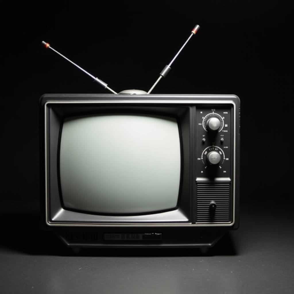 Vintage black-and-white television set prominently features knobs and an antenna. Dark background enhances the retro feel. Originates from the 1980s.