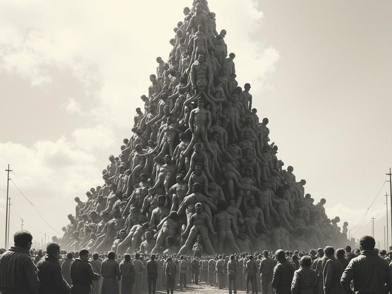 A dramatic outdoor scene with a towering human pyramid formed by individuals supporting each other in complex poses. The structure conveys physical strain and collective effort. The crowd in the background remains blurred, while the monochromatic palette adds a nostalgic feel. Strong directional lighting enhances the drama of the scene.