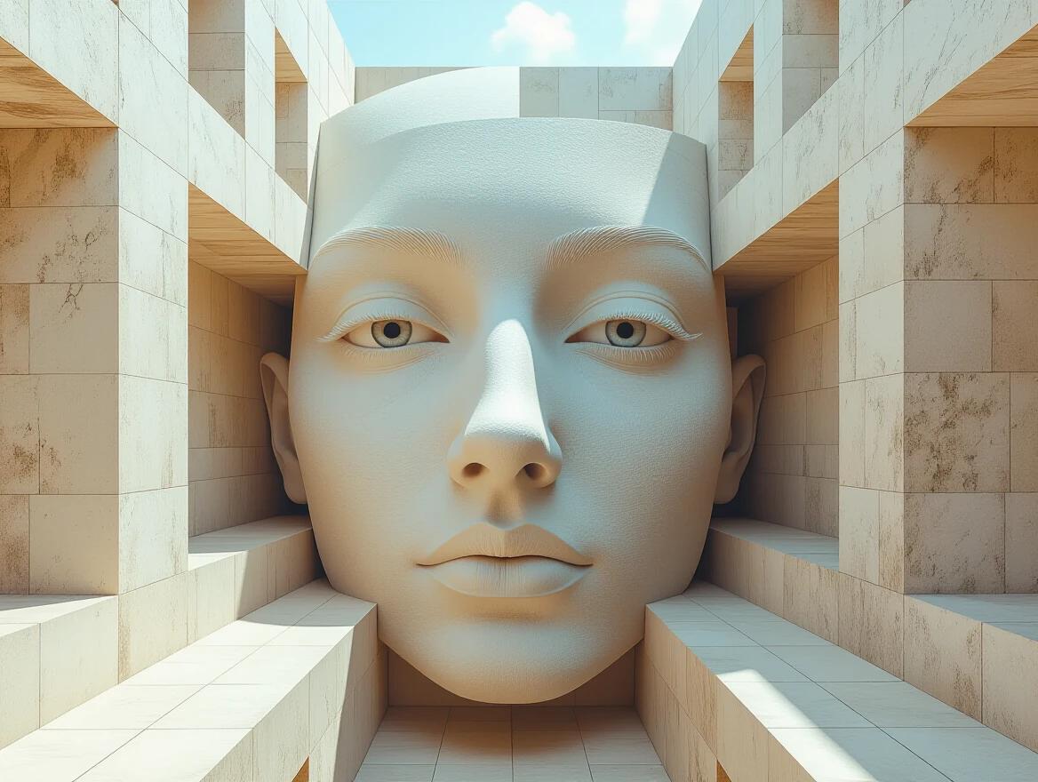 Detailed surreal architecture blends into the human form. Focus on impossible geometry that captures viewer's attention. Soft natural light envelops the scene. Achieves high depth and sharp textures with smooth gradients. Captured with cinematic approaches for distinctive art.