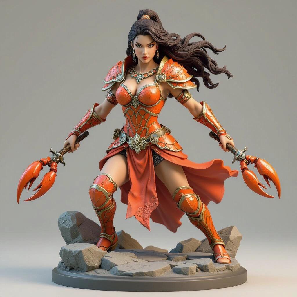 Ultra-detailed 3D figurine of a warrior goddess inspired by Cancer. She wears orange and coral armor with a shell texture. Dynamic pose mid-attack. Holds crab-claw daggers. Round stone base. Long flowing hair. Realistic for resin printing. Professional rendering.