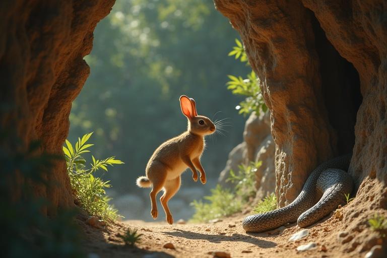 A rabbit leaps out of a cave fast while scaring a snake. Natural setting with soft light and greenery.