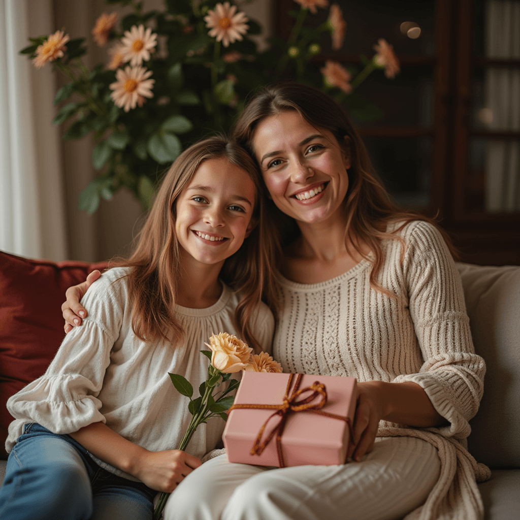 A mother and daughter smiling together, holding a gift and flowers.