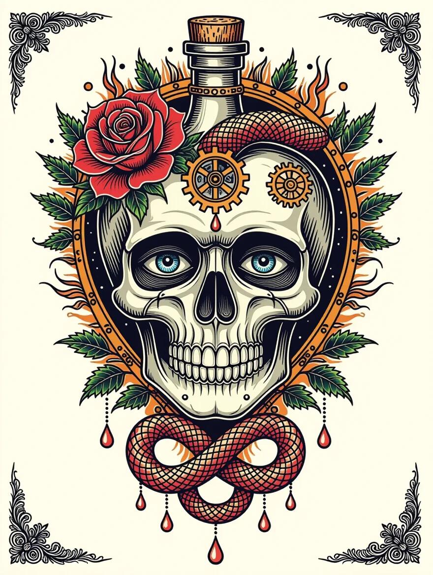 Tattoo flash sheet features steampunk biomechanical heart with gears. Cosmic galaxy rose mandala complements design. Human skull showcases exposed brain. Vintage rum bottle surrounded by flames. Surreal depiction of single eyes with lashes and teardrops. One eye includes a coiled mermaid. Ornamental ouroboros snake creates infinity loop. All elements presented on a white background with old school tattoo style. Bold black outlines enhance imagery. Vibrant shading brings depth. Neo-traditional tattoo design highlighted by detailed ink work. Layout is symmetrical and artwork is crisp, resembling vector art.