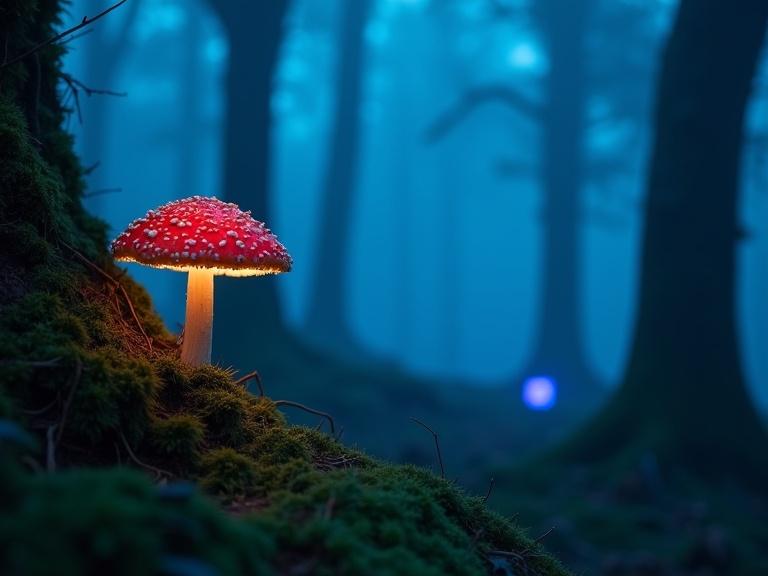 A spooky forest scene at night with ancient moss-covered trees and dense blue mist. Illuminated red mushrooms with white spots create an eerie glow. The environment feels alive with unseen creatures. A close-up of a branch is visibly detailed while the background is blurred, featuring a small blue cube casting light. More mushrooms appear in the distance, enhancing the ethereal atmosphere.