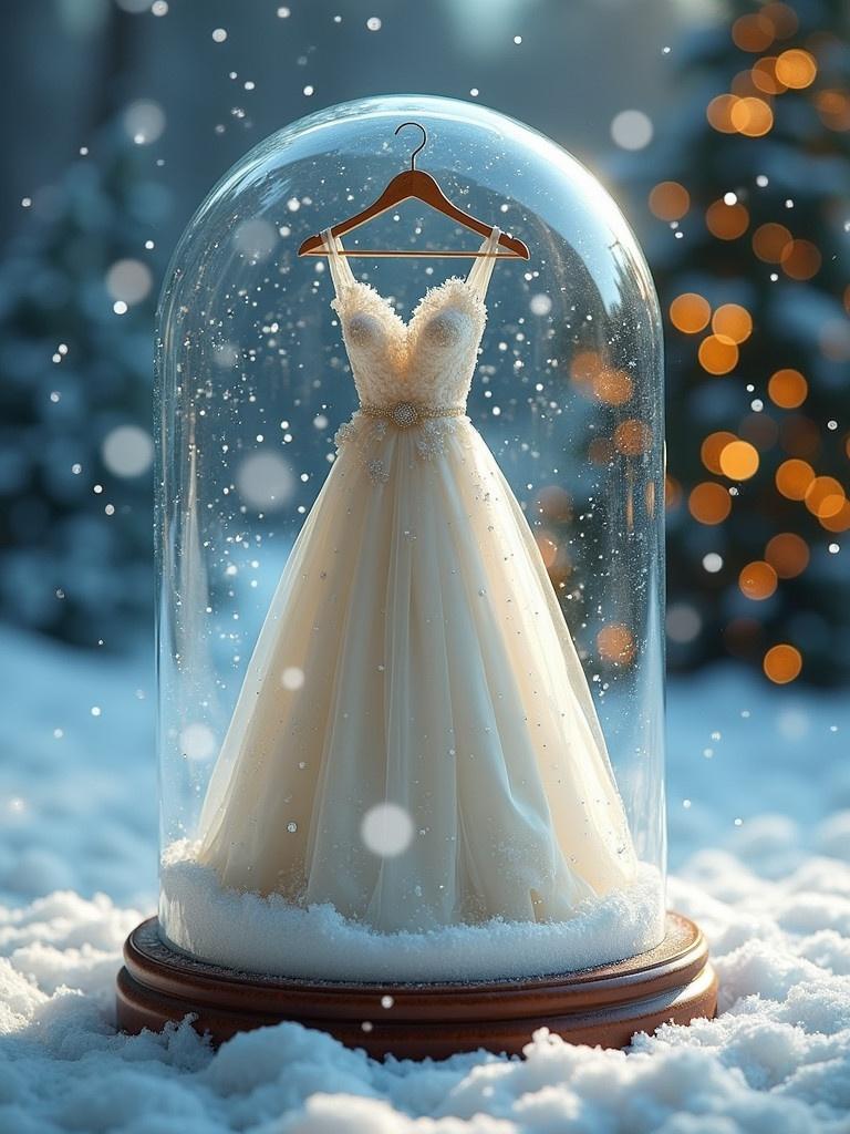 Wedding dress displayed in a glass snow globe. Scene features gentle snowfall. Background has Christmas trees with lights. Soft and warm lighting creates a magical appearance.