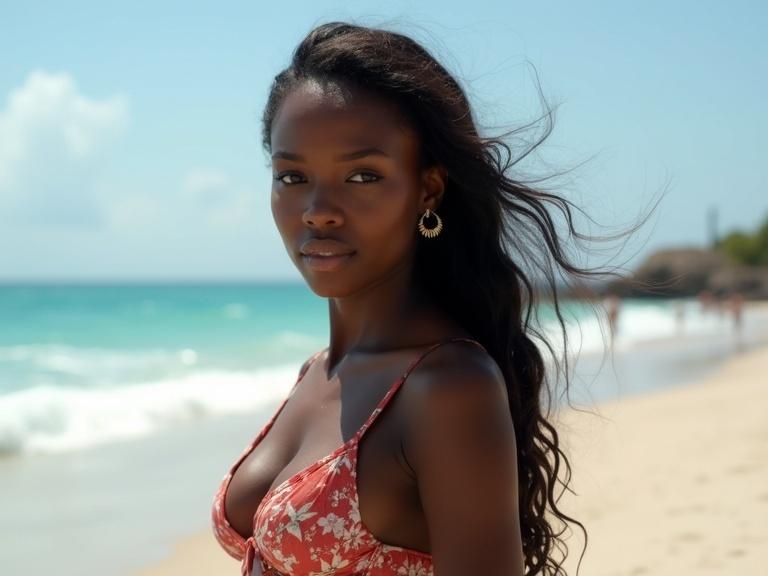 A woman with ebony skin stands on the beach. Her long hair gently moves in the breeze. She wears a floral bikini. The ocean is behind her with gentle waves. The sky is clear and bright.