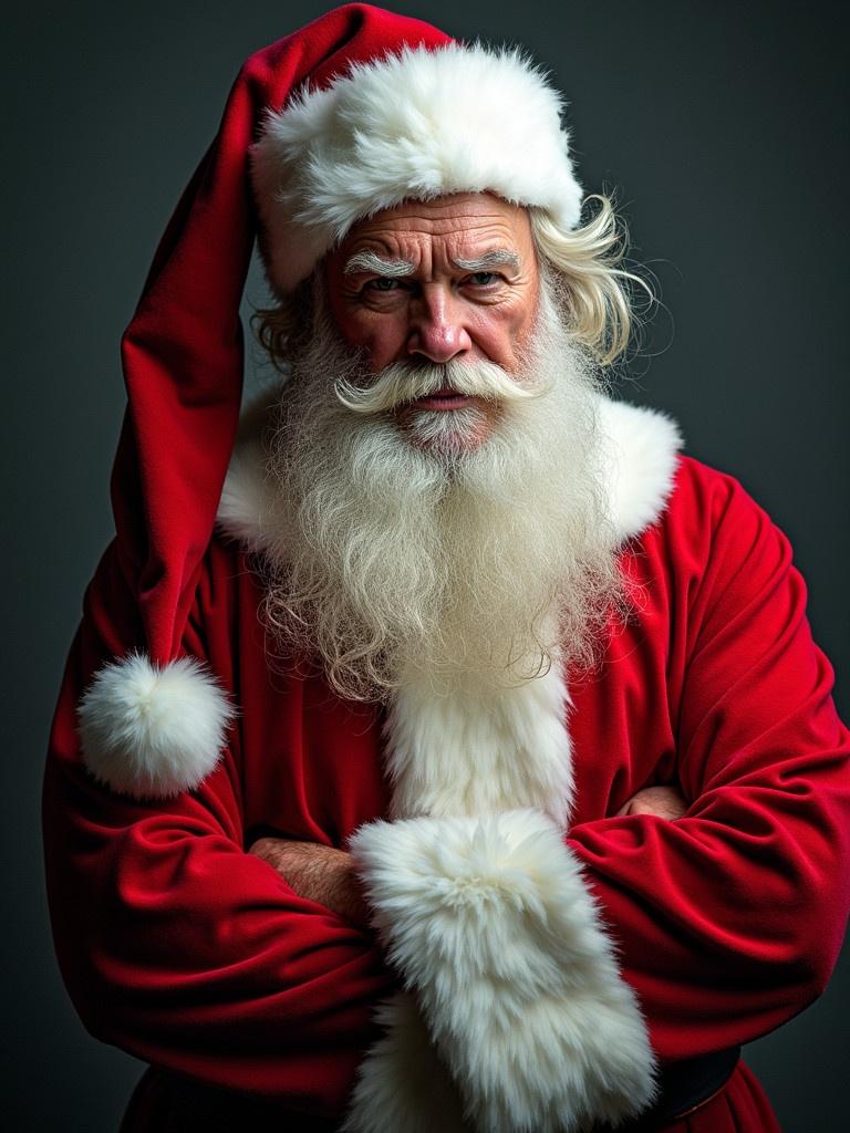 Image of strong and stoic Santa Claus in a Scottish style. Long white beard, red coat with white fur trim, expression of strength and seriousness. Dark background highlighting the figure.