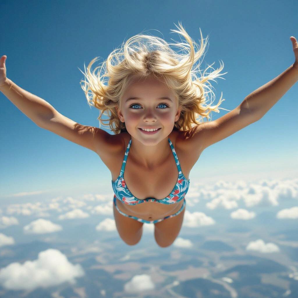young blonde hair blue eyed girl wearing a bikini flying above the stratosphere at supersonic speed sonic boom her feet are off the ground arms outstretched spread-eagle pose