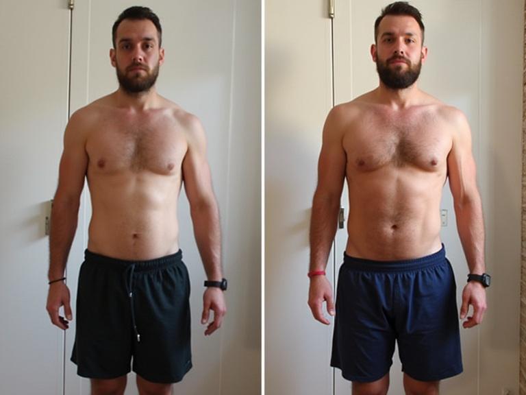 Collage showing before and after body transformation. Individual on the left shows initial physique. Individual on the right displays improved physique after HIIT workouts.