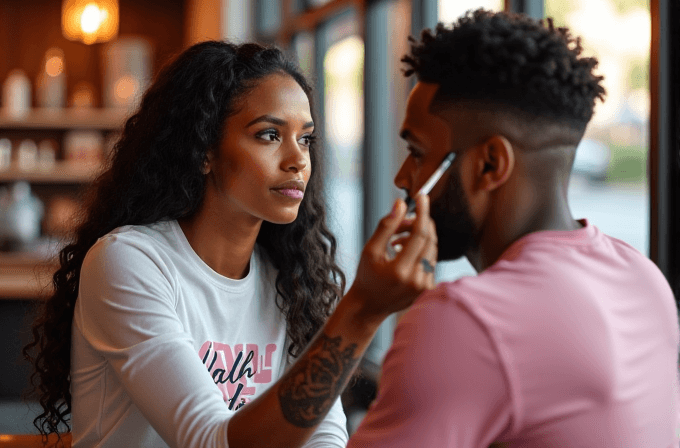 A woman gently shaves a man's face while they are seated in a cozy setting.