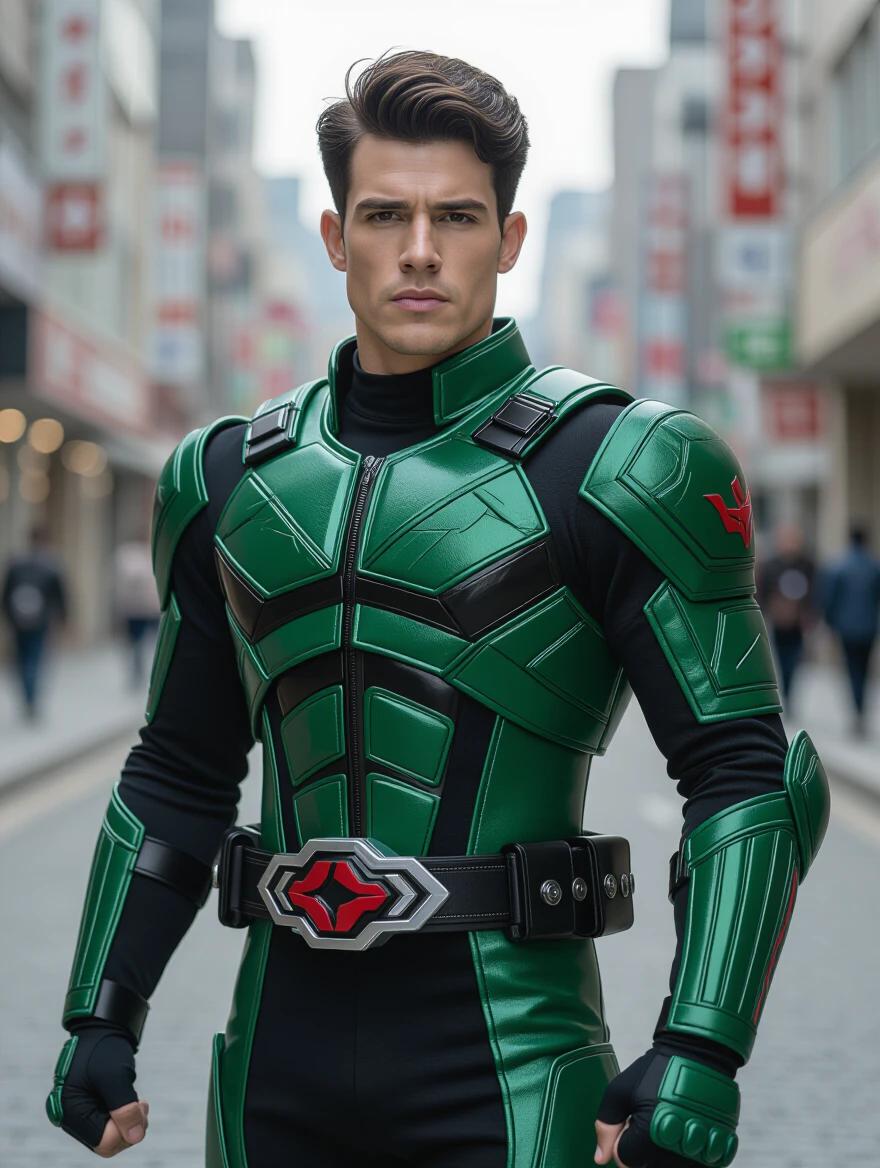 A heroic physique is displayed confidently. The character is transformed into a Kamen Rider. The pose is heroic. The setting is urban with high-contrast cinematic elements.