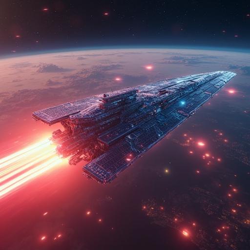 Futuristic depiction of a giant space mothership launching from Earth. Features holographic shields and plasma tail flames. The ship's ion engine cuts through a dark red haze. The design incorporates nano-scale materials reflecting neon city lights. The atmosphere scatters light, showcasing the dynamic blur of the thruster's supersonic moment. Extreme attention to mechanical details, molten metal textures, and holographic navigation.