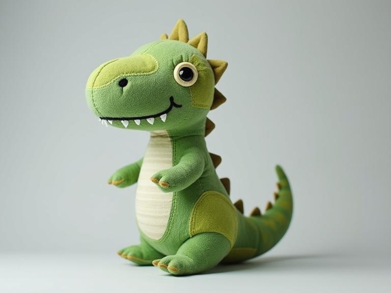 Plush dinosaur toy designed with patchwork in multiple green shades. Features friendly smile, large black eyes, and stitched white teeth. Toy stands upright with arms out, tail curled. Background is soft gray.