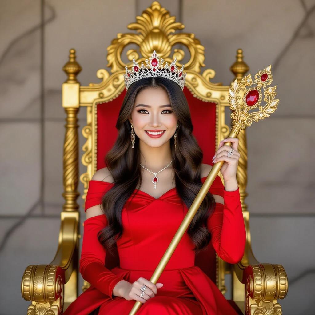 Asian girl in a red dress sits on a golden throne. She holds a golden staff with a ruby gem and wears a princess crown. The background features a grey stone wall.