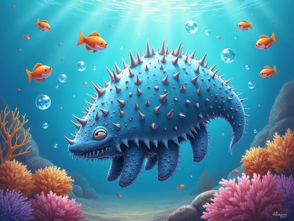 A whimsical underwater scene featuring a large, blue, spiky creature swimming above colorful corals with orange fish and bubbles around.