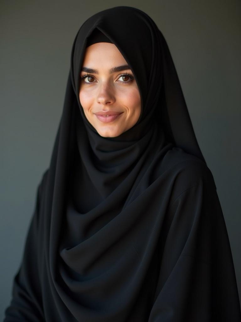 A portrait of a 27-year-old girl wearing a hijab. The girl has beautiful eyes and fair skin. She is dressed in a black abaya. The background is softly lit with a serene atmosphere.