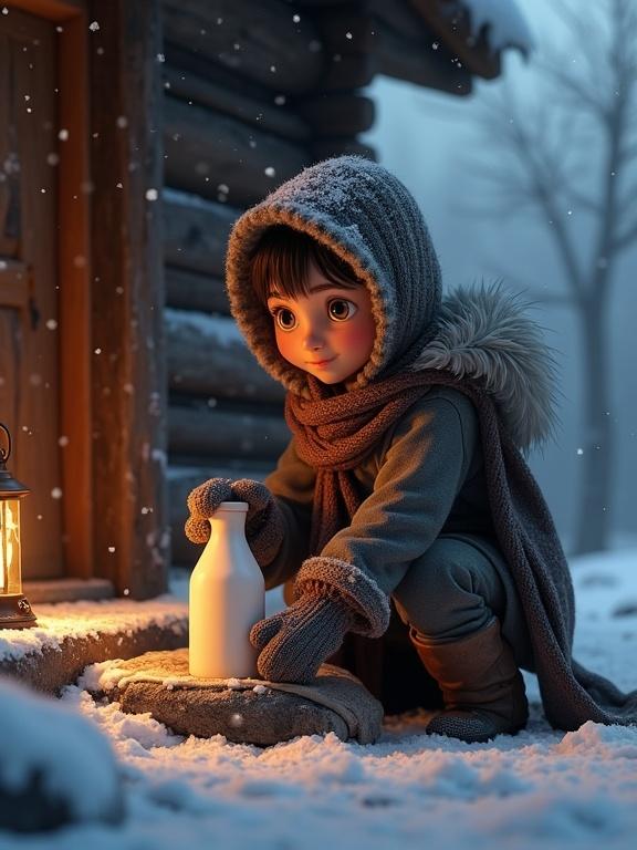 Mysterious mountain villager wrapped in thick woolen clothing. Fur-lined hood and hand-stitched mittens. Crouching near rustic cabin doorstep. Placing milk bottle next to warm blankets. Light snow falling around. Scene illuminated by flickering lantern. Soft shadows and warm tones. Cozy winter atmosphere with cinematic depth of field.