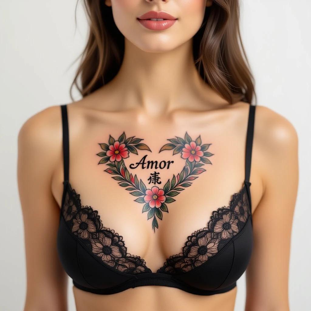 A chest tattoo featuring the word Amor in Japanese style. Floral elements surround the text. A woman is wearing black lace lingerie. The tattoo is prominently displayed on her chest.