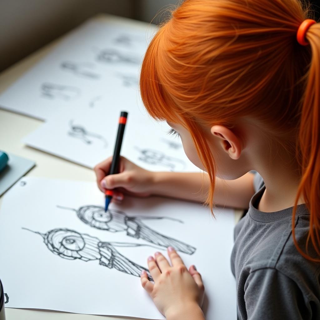 The image depicts a girl with vibrant orange hair intently drawing on a piece of paper. She focuses on industrial design sketches, showcasing her creativity. The setting indicates an artistic environment with multiple sketches scattered around. The natural light illuminates her work, enhancing the inviting atmosphere. The scene highlights the importance of art in children's development and expression.