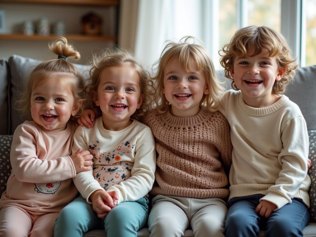 Four young children are sitting together on a couch, with one of them being held in the arms of an adult. They are dressed in adorable outfits, with two wearing playful ensembles and others in cozy clothes. The kids are smiling and laughing, looking at the camera with joy. The background shows a cozy living room setting, with natural light coming through the windows. The atmosphere feels cheerful and playful, capturing a delightful moment.