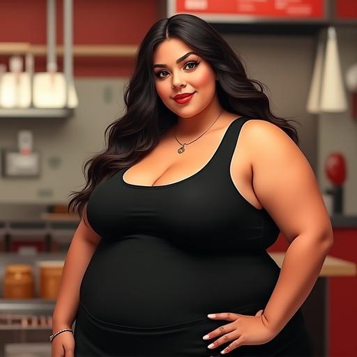 Portrait of a beautiful plus size pear shaped Latina girl wearing a black tank top in a fast food restaurant. Focus on the upper body and face with soft warm lighting. Details in a photorealistic style.