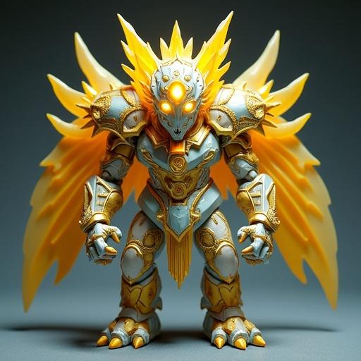 Design fantasy monster toy inspired by early 2000s Italian collectibles like Gormiti. This is the Radiant Sovereign, leader of the Tribe of Light. Standing 14.5 cm tall. Render with molded plastic aesthetic. Features armored body with geometric shapes and reflective panels. Face has sun-shaped mask with glowing eyes. Add wing-like appendages and crown with sun-ray spikes. Use bold color palette with high-contrast outlines.