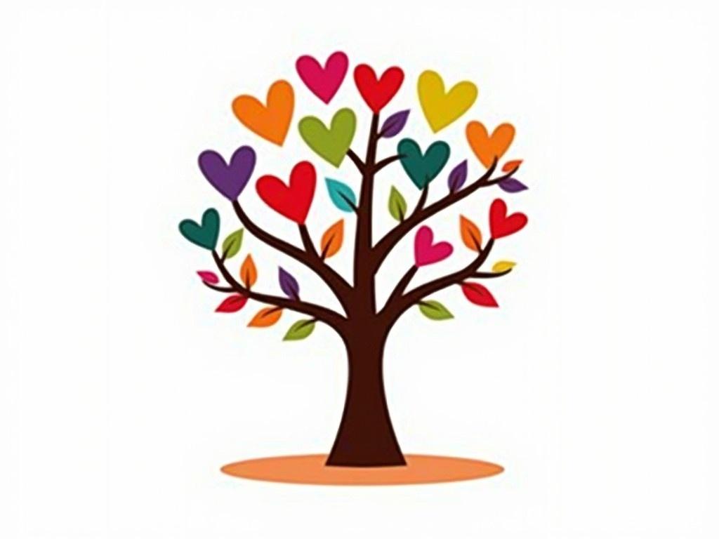 This is a colorful tree illustration that is vibrant and lively. The trunk of the tree is brown and thick, supporting numerous branches. The branches are adorned with leaves shaped like hearts, which are in a variety of bright colors including red, green, orange, purple, and blue. The leaves give a playful and cheerful vibe to the overall image. Below the tree, there is a simple, light-colored oval base that represents the ground. The background is white, allowing the tree to stand out prominently. This design could symbolize love, growth, and community.