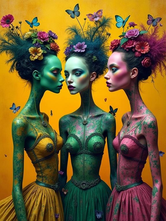 A surreal portrait featuring three exquisite gypsies. Attire ranges from shades of green, magenta, yellow, and blue. The scene is hyper-detailed with intricate designs. The background is a contrasting yellow ocher and burnt sienna.