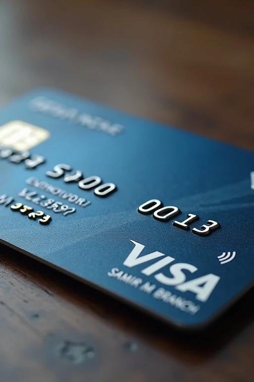 Realistic image shows Visa credit card with detailed information. The card number is clearly visible. Cardholder name appears as Samir M Branch with an expiry date of March 2029. The card is positioned flat on a wooden table.