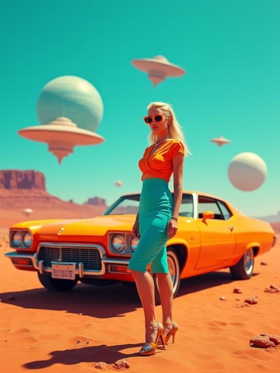 A retro-futuristic scene with a blonde woman stylishly dressed in turquoise and orange. She stands in front of a vibrant orange vintage car on Mars. The sky shows floating planets and flying saucers. Composition uses bold colors and symmetry. Photography style has a shallow depth of field with a cinematic glow from soft lighting.