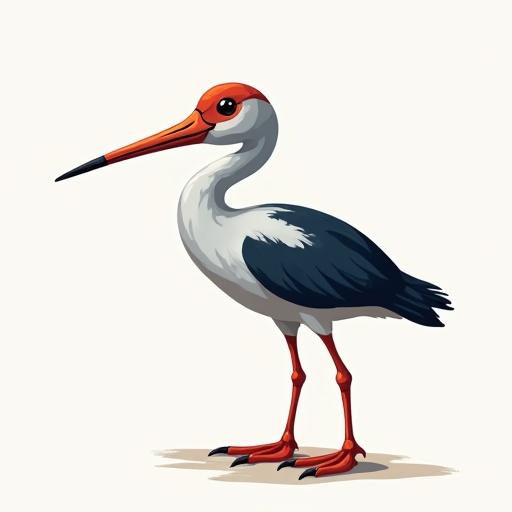 Stylized illustration of a stork. Depicts a stork with a long beak. Features a white body and black wings. The stork has red accents on the head and legs. Rendered in a cartoon style. Suitable for use as a logotype.