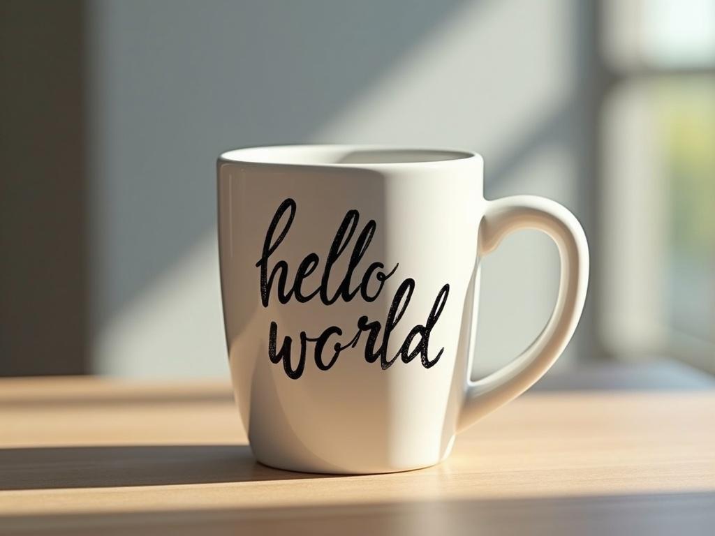 A white ceramic mug with a 'hello world' print sitting on a wooden table. The mug has a simple design without any additional details. The setting features soft natural lighting and a clean background.