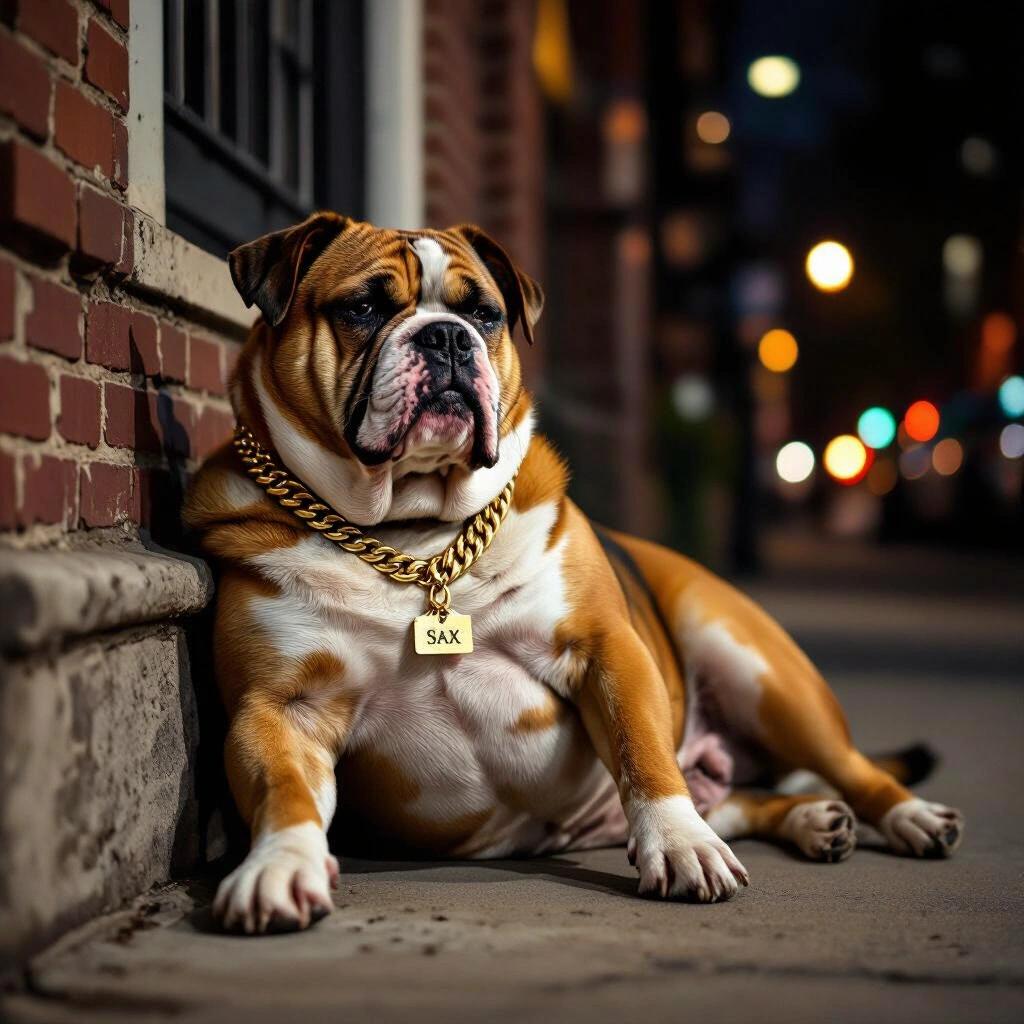 Photo of a relaxed bulldog outside at night. Dog has a gold chain with a tag that says SAX. Urban setting with soft ambient light. Fat gangster dog lounging on a stoop.