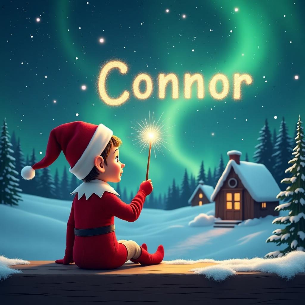 An elf sits on a wooden ledge with its back to the camera, gazing at a magical sky. The elf is dressed in a red outfit with a pointed hat and holds a sparkling wand. With the wand, the elf elegantly writes the name 'Connor' in the starry sky. The background features a snowy landscape with charming little houses and evergreen trees under the shimmering Northern Lights. This whimsical scene captures the essence of childhood magic and Christmas cheer.