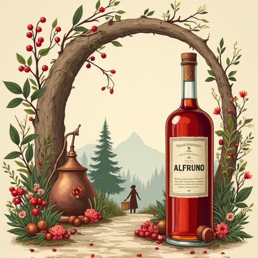 Bottle of liqueur labeled ALFRUNO is placed on a path leading to an alchemist's copper still. Surrounding it are varied wild plants and herbs along a beige background. In the background, a woman is seen gathering herbs with a basket. A mystical atmosphere is created by the setting.
