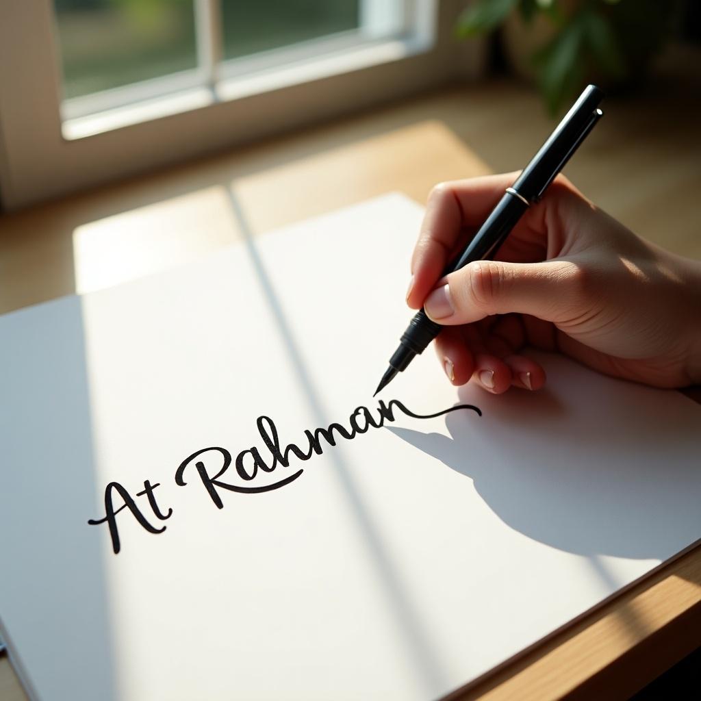 A hand writing 'At Rahman' on a piece of paper. The scene shows a bright workspace with natural light.