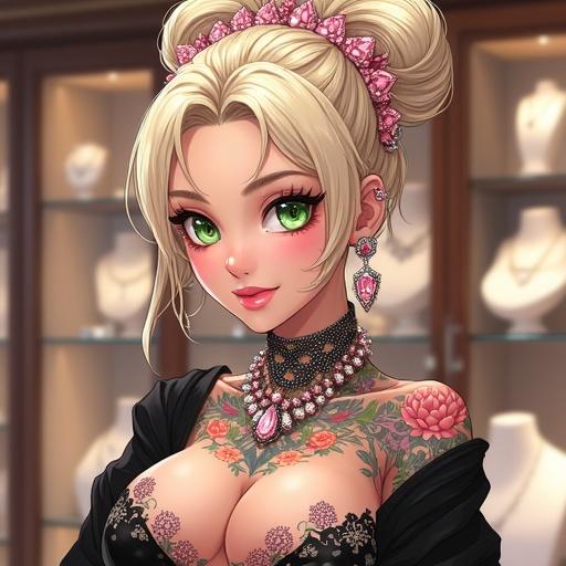 Anime character with emerald green eyes. Woman has light blonde French bun. She wears light pink diamond jewelry. Features traditional Japanese tattoos. Setting is a luxurious jewelry shop. Fashion style is modern gothic. Focus on beauty and high-tech elements. She has a cybernetic right leg. Shopping during summer in Cherry Blossom Village.