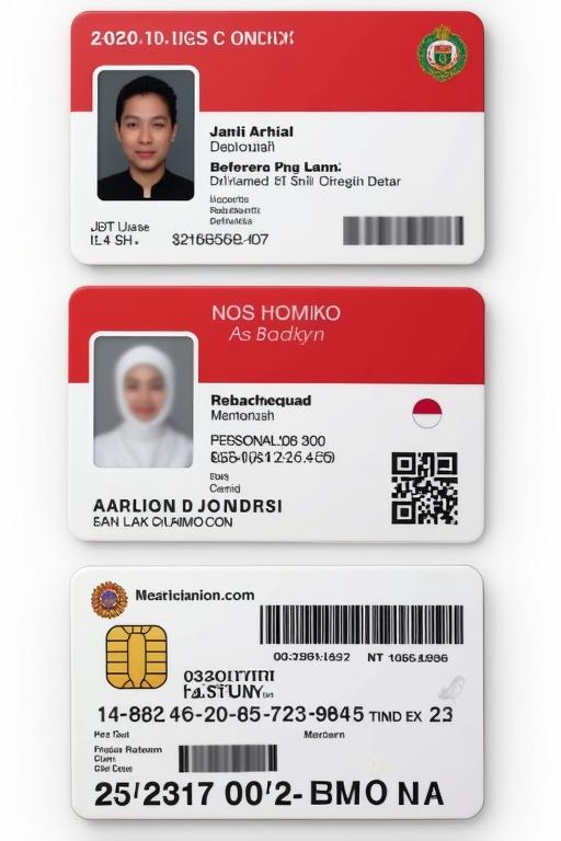 Design of an Indonesian ID card featuring personal information. Card contains a photo and basic details. Security features are highlighted. Background represents Indonesian culture.