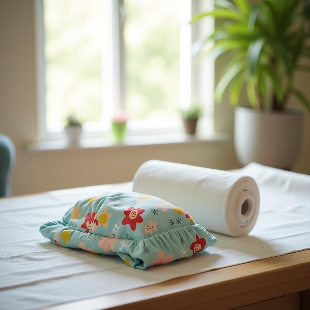 A childhood pillow on a changing table next to a roll of white material. Light enters through the window illuminating the scene. Plants are visible in the background creating a cozy atmosphere.