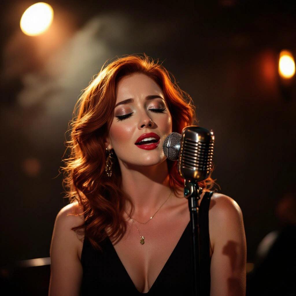 Irish red-haired woman singing softly in dark smoky jazz club warm spotlight casting faint shadows vintage microphone glowing faintly in haze.