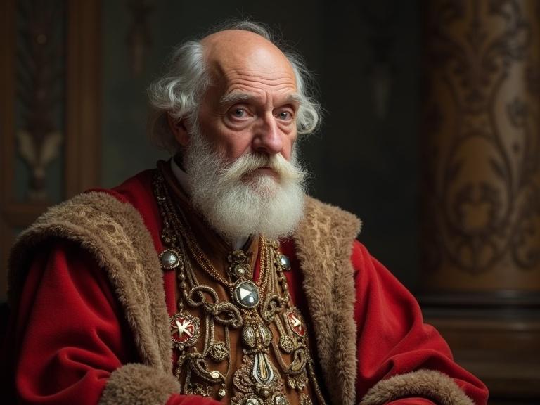 A wise 50-year-old Frenchman dressed as a king's advisor in a richly decorated robe