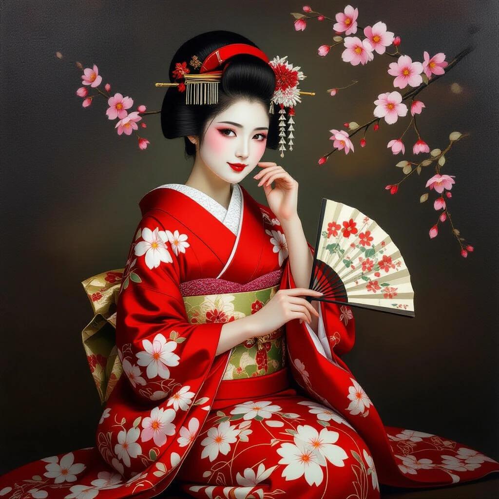 Captivating oil painting of a girl in a traditional Japanese geisha outfit. Red kimono with floral patterns including sakura. White tabi socks. Charming posture with a tilt of the head. Confident yet playful expression. Soft gaze. Refined hairstyle with okobo accessory. Subtle makeup. Elegant and relaxed stance. Holding a fan near her face. Delicate hand gestures. Dark background with warm lighting. Detailed textures in high-quality art. Cinematic composition.