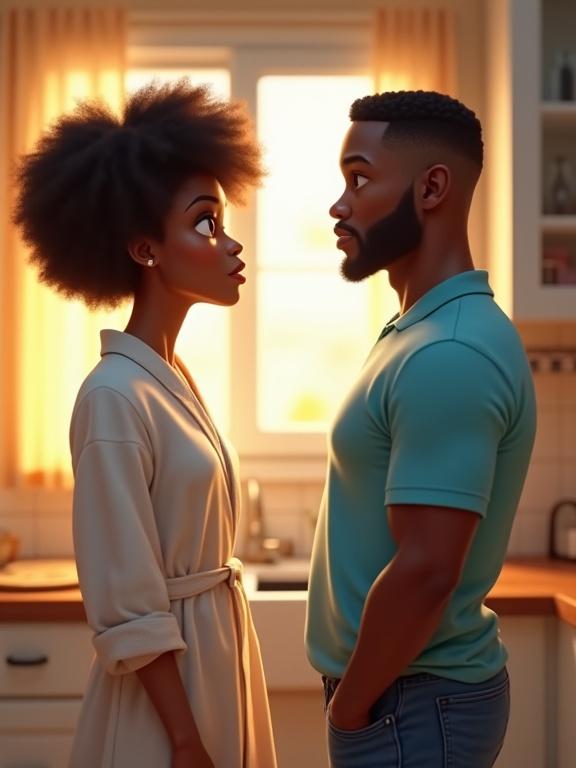 A vibrant kitchen scene with a couple. A woman with short natural hair confronts a man in a blue shirt. Surprise becomes softness in their expressions. Coffee steam rises between them. Maintain hairstyle and clothing. Use soft lighting and vibrant colors.
