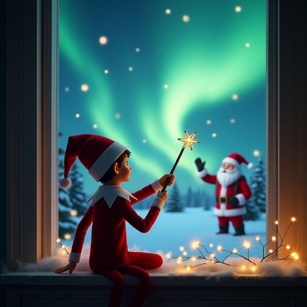 An enchanting Christmas scene that features an elf on the shelf, facing away from the viewer. The elf is joyfully using a magic wand to write 'Adeline' in the sky filled with colorful northern lights. In the background, Santa Claus can be seen in a snowy landscape, waving cheerfully. The window is decorated with twinkling lights, and there is a cozy feel to the setting. The atmosphere is magical and festive, perfect for celebrating the holiday season.