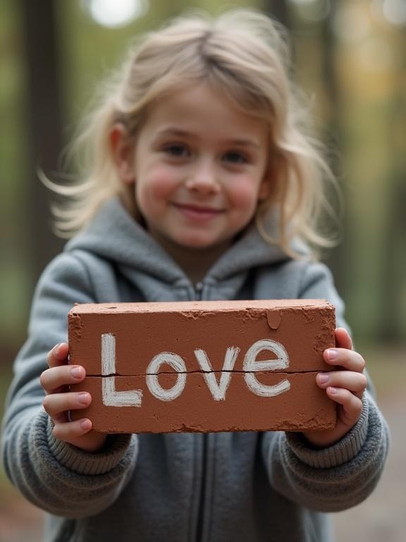 A young girl holds a brick in both hands. The brick features the word 'Love' prominently. The background is blurred with forest scenery. The focus is on the girl's hands holding the brick. Natural light enhances the scene.