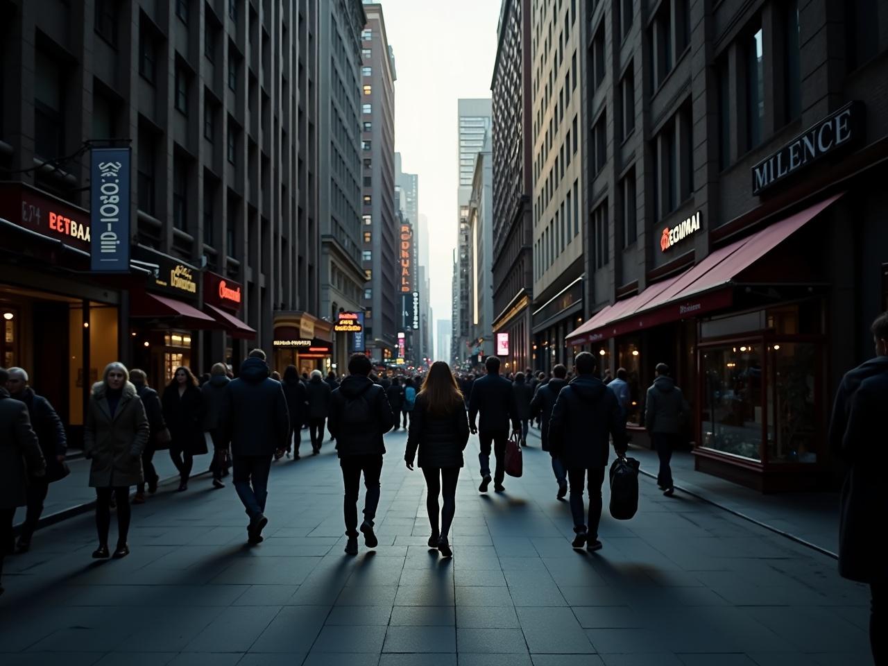 The image captures a busy urban street scene filled with people walking along a wide pedestrian pathway. Towering buildings line both sides of the street, creating a sense of depth. The day appears to be overcast, casting a muted light across the scene. Long shadows stretch from the people as they move through the space, emphasizing the quiet yet bustling atmosphere of city life. Shops and restaurants are visible on the ground level, indicating a vibrant commercial area. This scene encapsulates the essence of urban living, where individuals navigate through their daily routines amidst the hustle and bustle of the city.